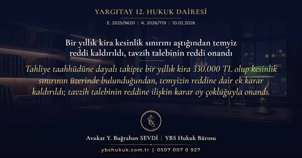 Yargıtay 12. Hukuk Dairesi, E. 2025/9620, K. 2026/719, 10.02.2026 | Bir yıllık kira kesinlik sınırını aştığından temyiz reddi kaldırıldı, tavzih talebinin reddi onandı | Tahliye taahhüdüne dayalı takipte bir yıllık kira 330.000 TL olup kesinlik sınırının üzerinde bulunduğundan, temyizin reddine dair ek karar kaldırıldı; tavzih talebinin reddine ilişkin karar oy çokluğuyla onandı.