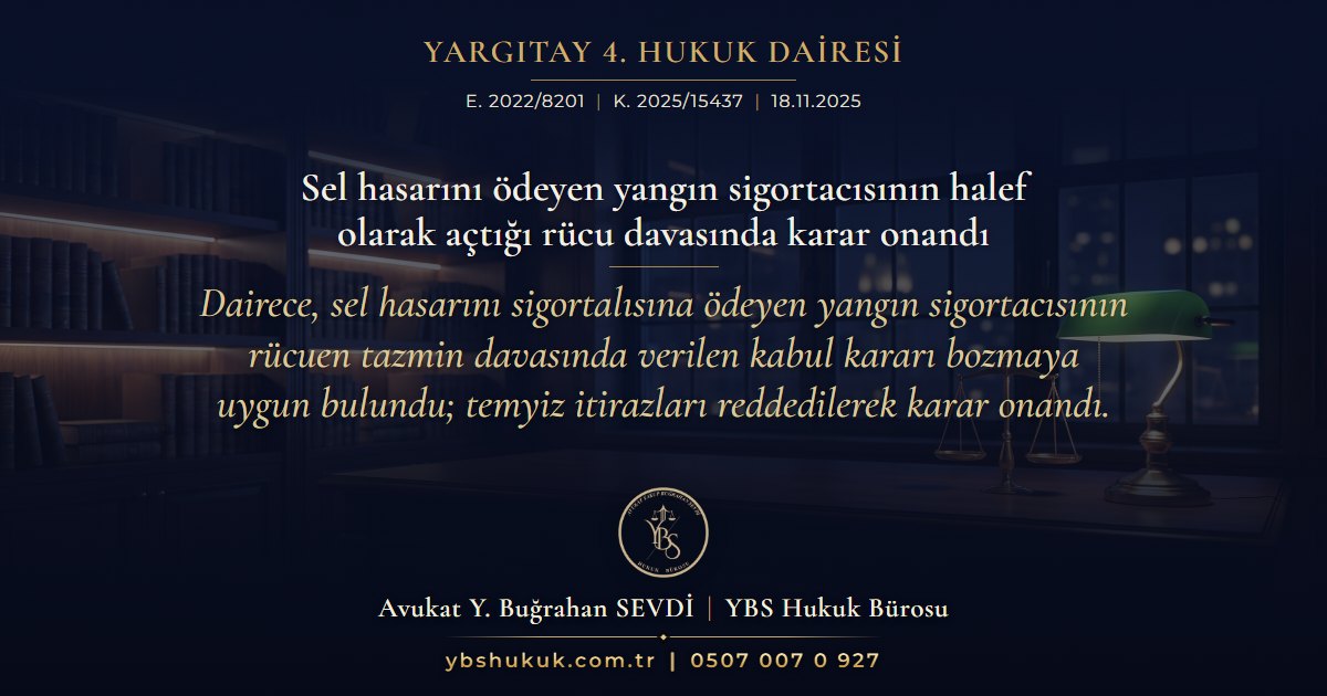 Yargıtay 4. Hukuk Dairesi, E. 2022/8201, K. 2025/15437, 18.11.2025 | Sel hasarını ödeyen yangın sigortacısının halef olarak açtığı rücu davasında karar onandı | Dairece, sel hasarını sigortalısına ödeyen yangın sigortacısının rücuen tazmin davasında verilen kabul kararı bozmaya uygun bulundu; temyiz itirazları reddedilerek karar onandı.